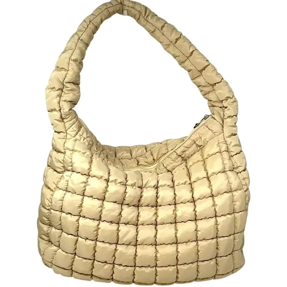 Free People FP Movement Quilted Carryall Hobo Bag Womens Large Beige Pockets